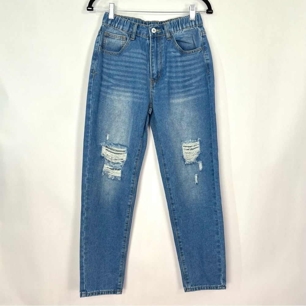 Shein Tween Kids Teen Straight Leg Elastic Waist Jeans Factory Distressed 15 Y